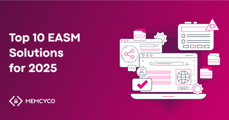 A graphic with the text "Top 10 EASM Solutions for 2025" featuring illustrations of digital devices, gears, and checklists on a pink background, highlighting the best EASM Solutions to watch next year.