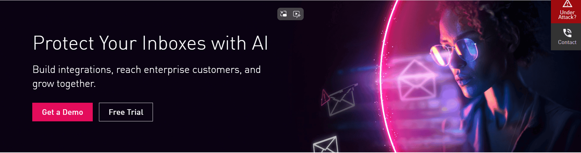 Check Point webpage featuring the headline “Protect Your Inboxes with AI” with Get a Demo and Free Trial buttons.