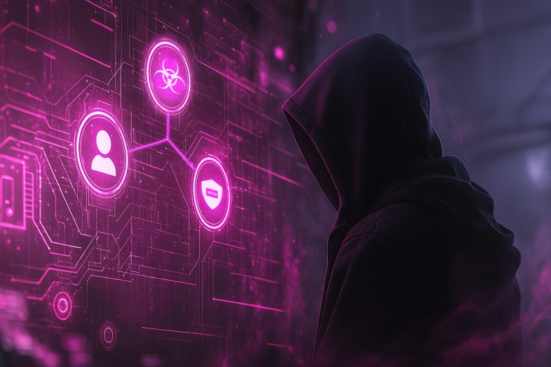 A person in a hooded jacket faces a digital interface displaying icons for users, a biohazard symbol, and a chat bubble—all in pink tones—highlighting the urgent need to stop more ATOs.
