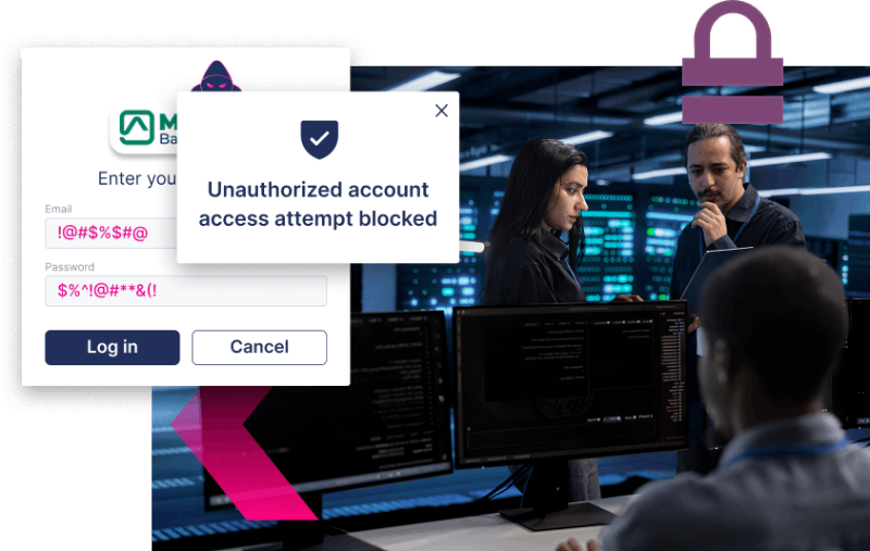 Two people stand by computer monitors in an office. Overlaid pop-ups show a login screen and a message: "Unauthorized account access attempt blocked." Advanced security helps stop more ATOs before they occur.