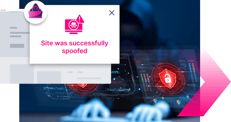 A computer screen displays a warning stating, "Site was successfully spoofed," with digital security graphics and a person typing in the background—highlighting a common use case of SEO poisoning attacks.