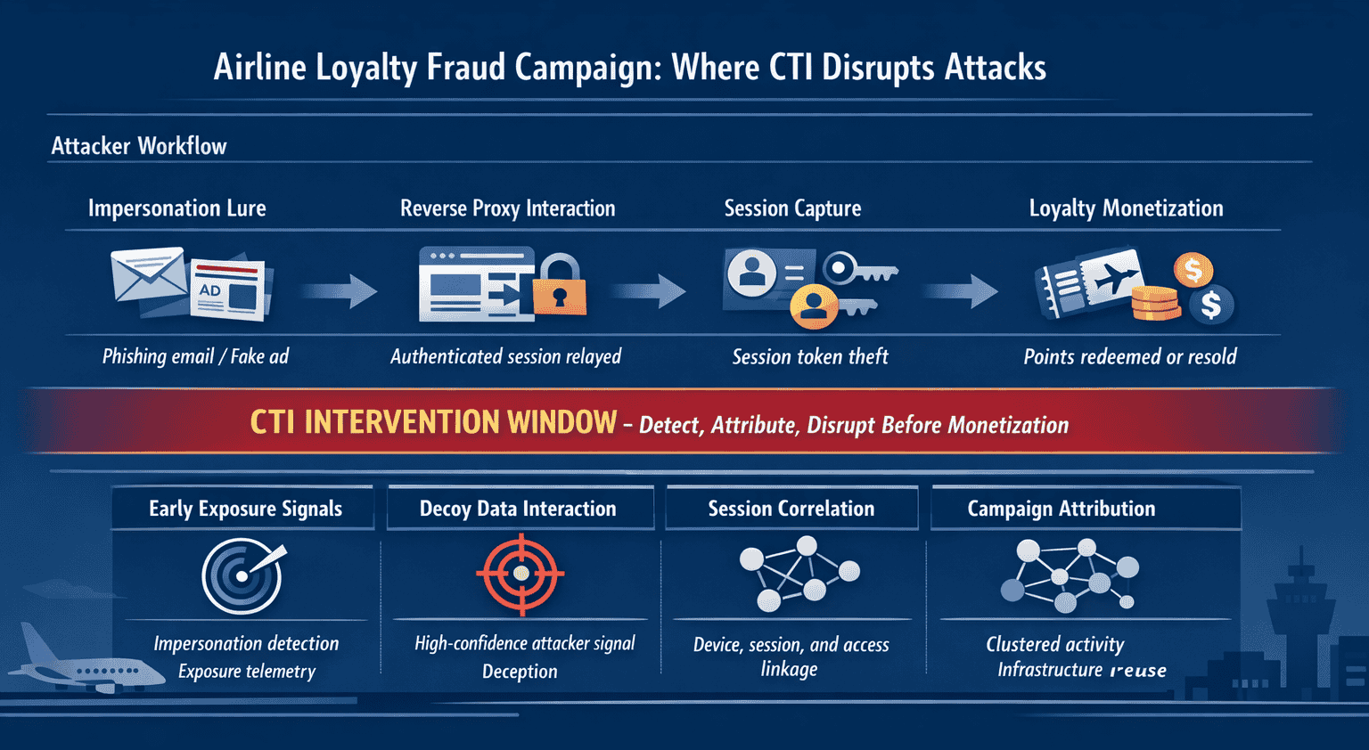 Diagram showing an airline loyalty fraud attack chain from impersonation and session capture to points monetization, highlighting where cyber threat intelligence teams gain early visibility and disrupt access-based attacks before monetization.